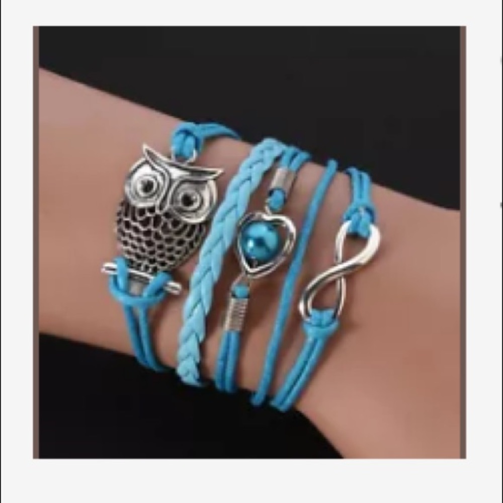 Owl Infinity Blue Bead Leather Bracelet